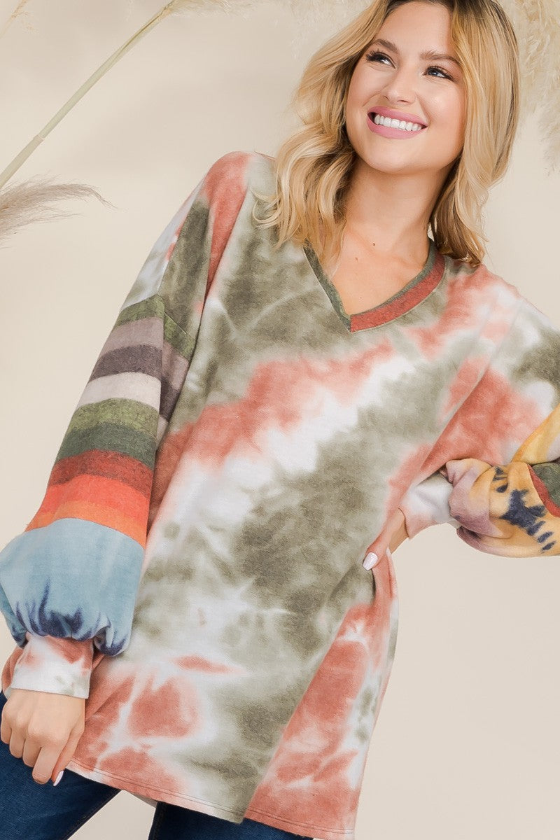 Celeste Tie-dye Patchwork Hippie Color Contrast Top Stripe Long Sleeve Boho Shirt