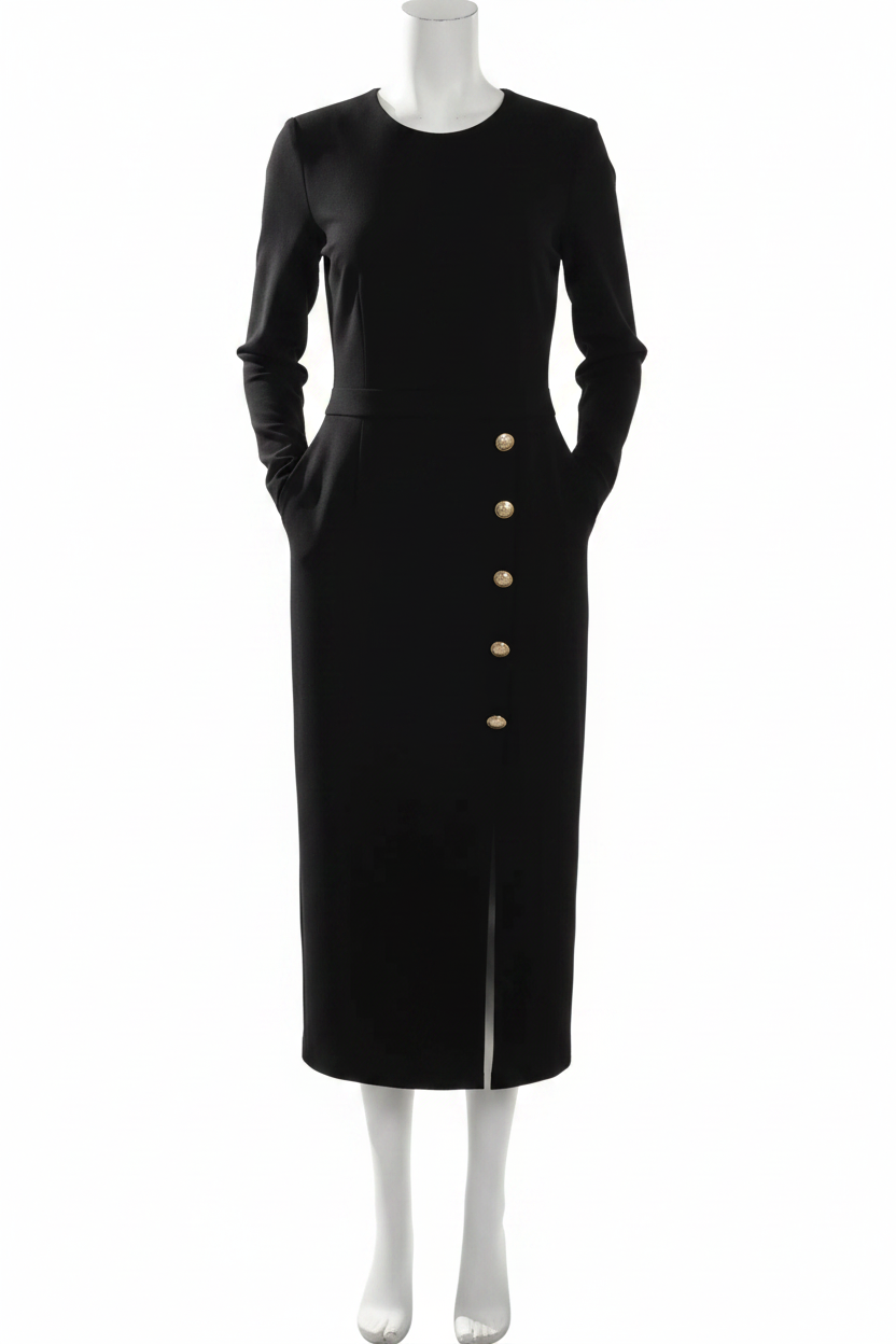 Long Sleeve Dress Round Neck Button Accent Side Pockets Slit Midi