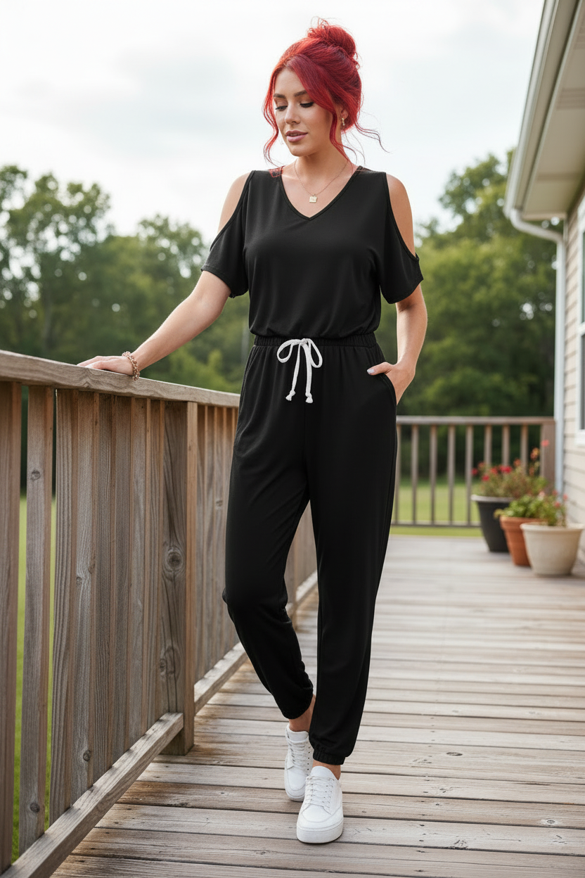 Cold-Shoulder Elastic Waist One-Piece Ankle Jogger V-Neck Pocket Jumpsuit