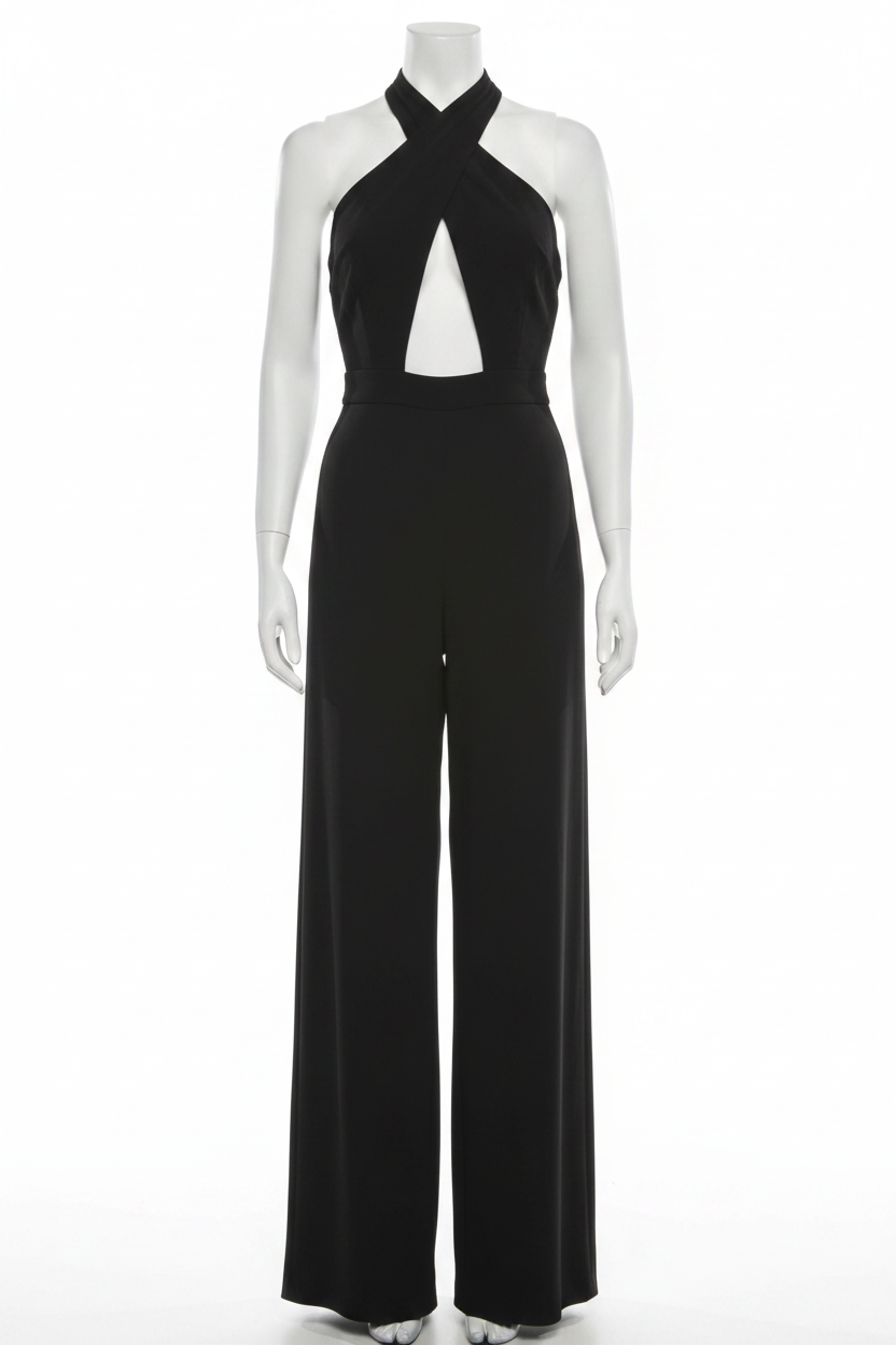 Cutout Chest Open Back Plunging Halter Neck One-Piece Pleated Wide Leg Jumpsuit