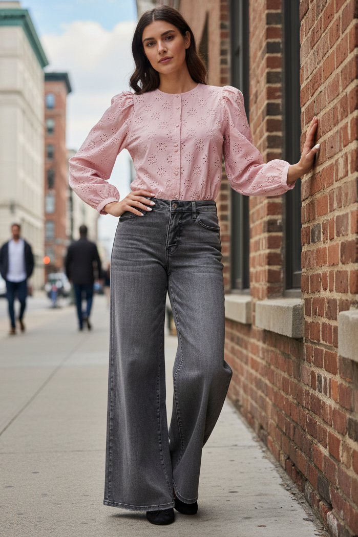 Judy Blue Mid-Rise Waist Palazzo Ultra Wide Leg Split Yoke Denim Jeans Retro 90s Pants