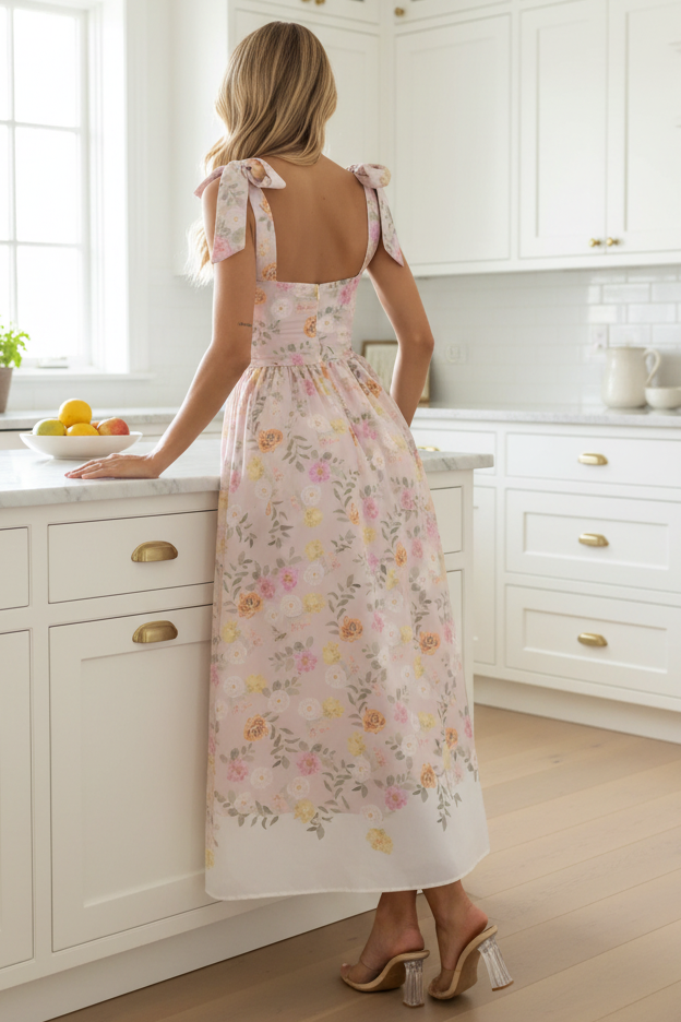 Floral Bow Tie Shoulder Ruched Waist Square Neck Midi Dress