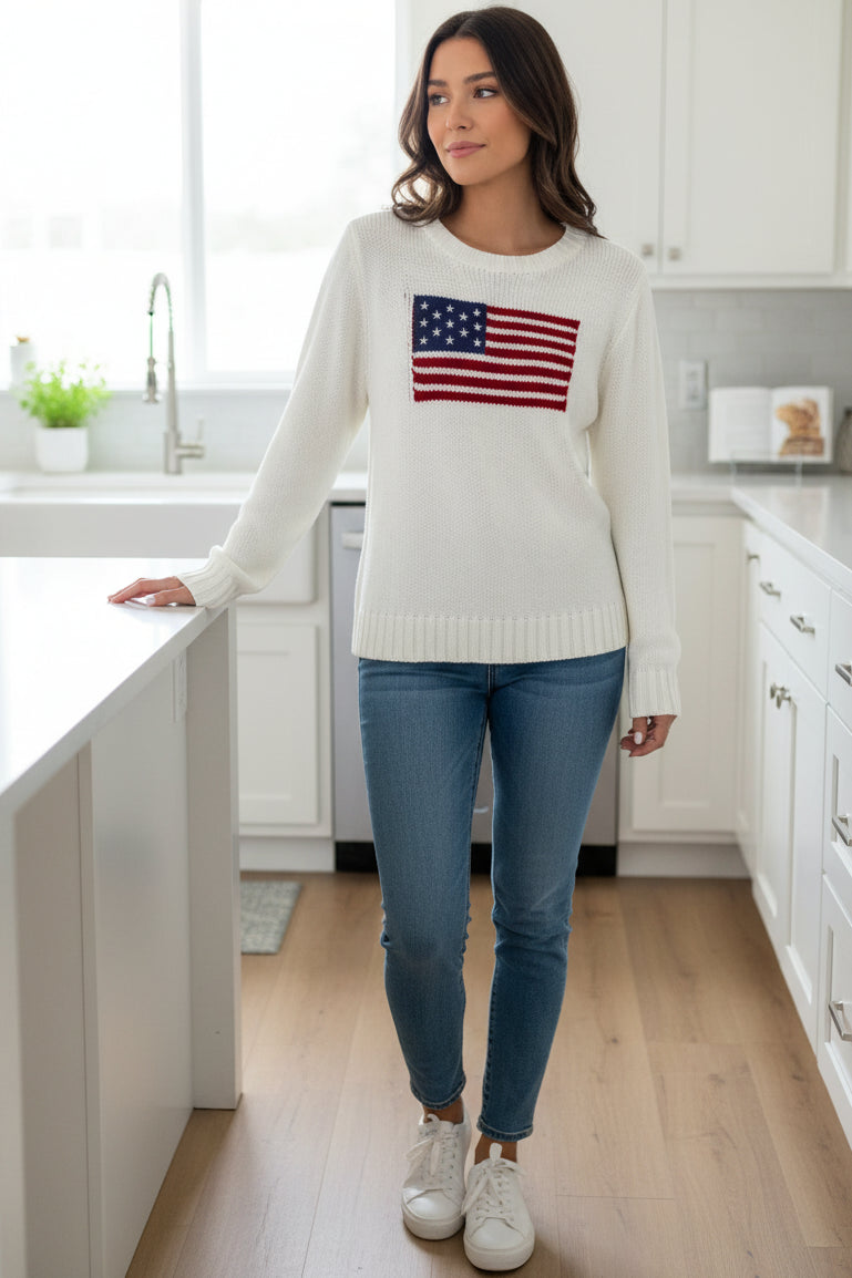 American USA Flag Stars & Stripes Round Neck Long Sleeve Pullover Knit Sweater