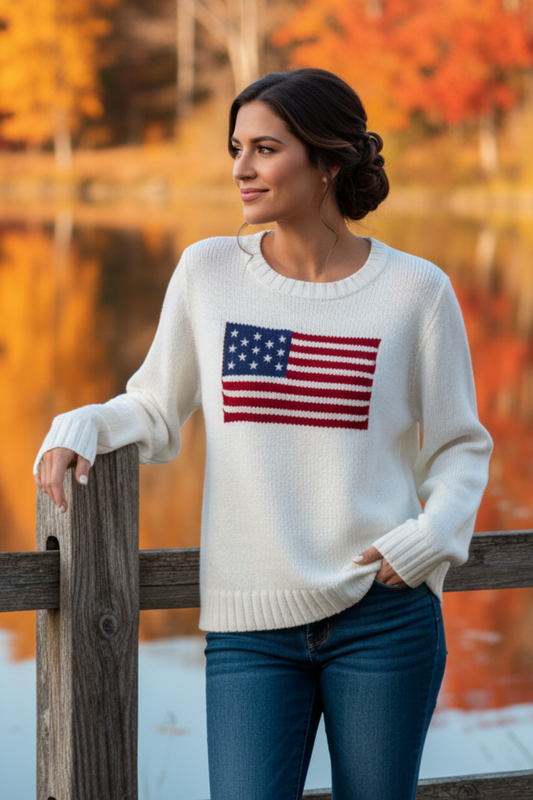 American USA Flag Stars & Stripes Round Neck Long Sleeve Pullover Knit Sweater