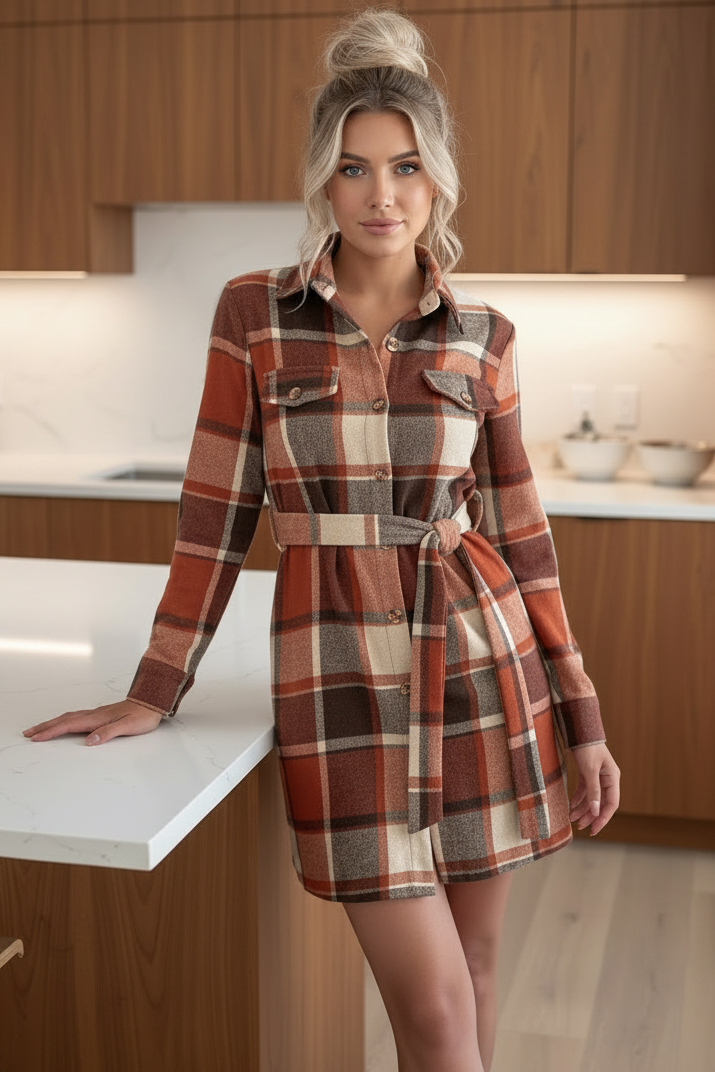 Plaid Tie Belted Button-Front Long Sleeve Mini Collared Shirt Dress Chest Pockets