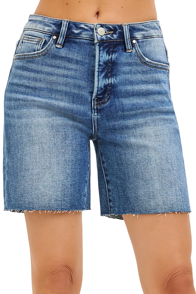 Risen Tummy Control High-Rise Weekend Mid-Length Raw Hem Denim Jean Shorts