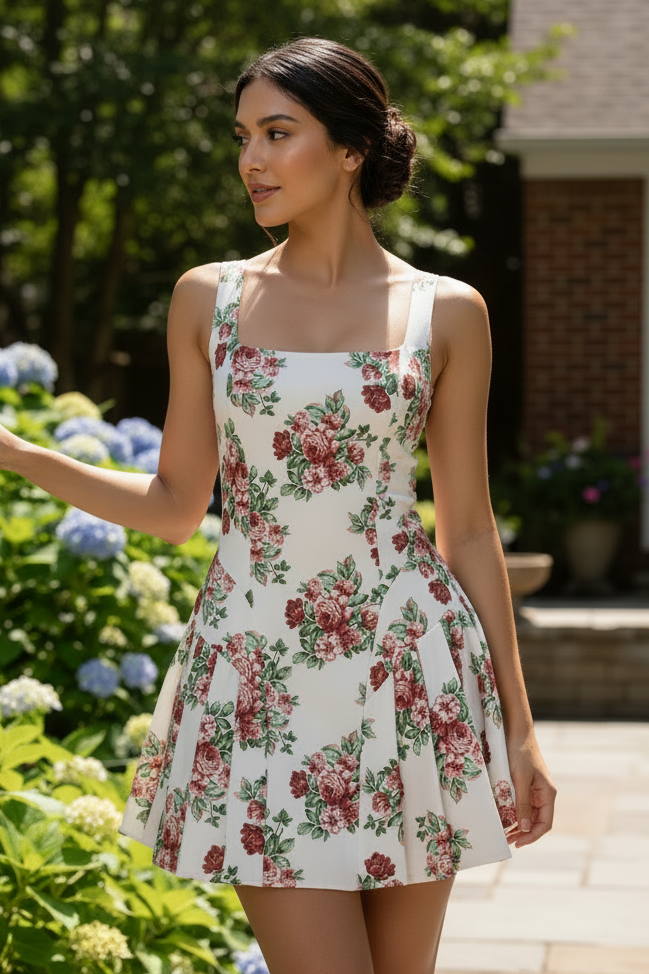 Retro Floral Princess Seam Box-Pleated Sleeves Square Neck Ultra Mini Skater Dress