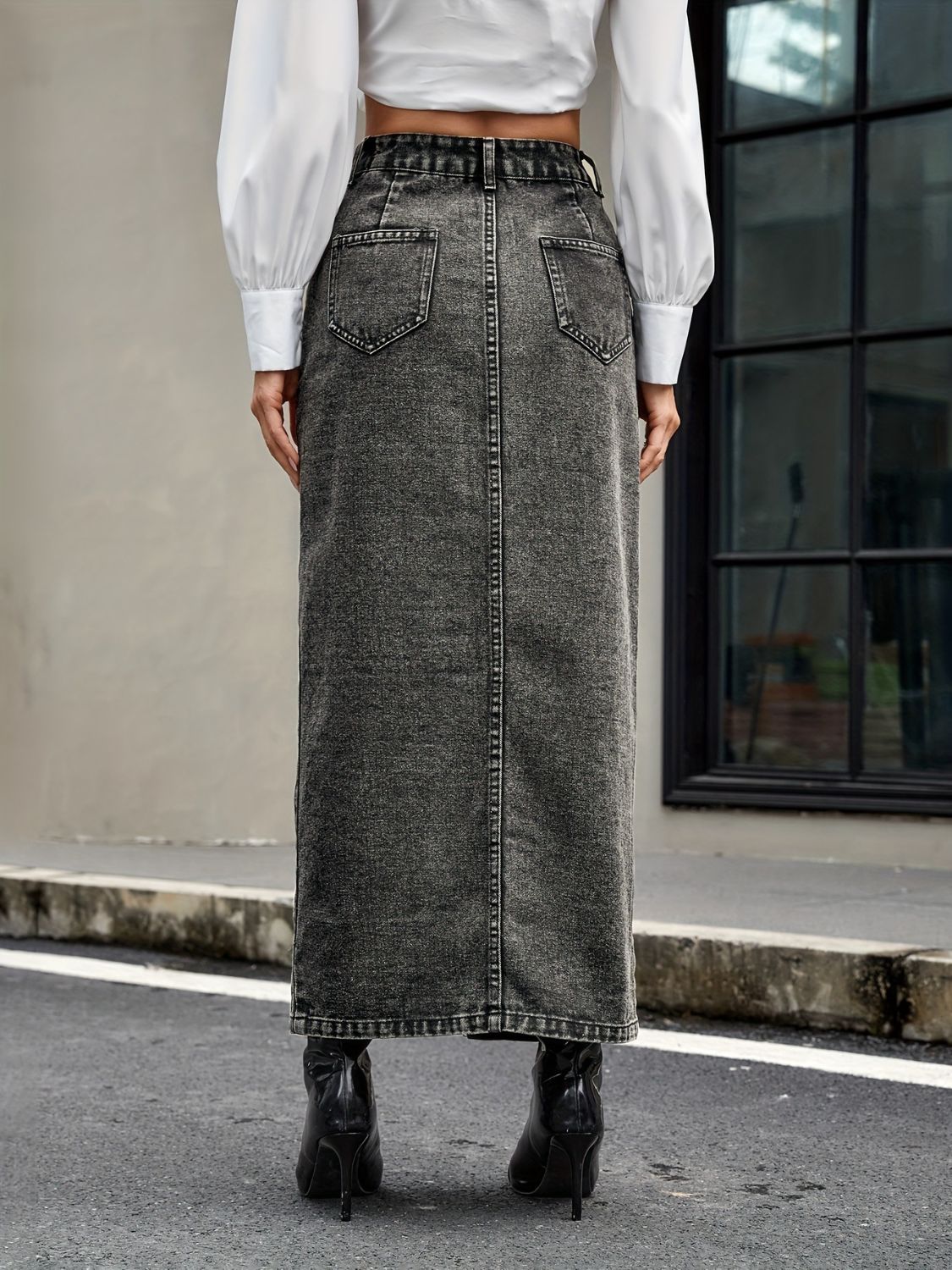 Gray Denim Button-Up Straight Full-Length Long Pencil Jean Maxi Skirt Pockets