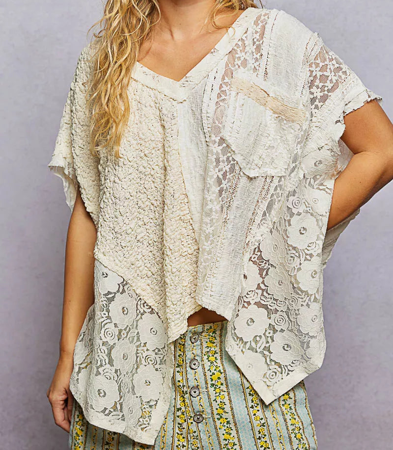 POL Lace Patchwork Asymmetrical Drape Shirt Oversized V-Neck Exposed Seam Top Natural Cream
