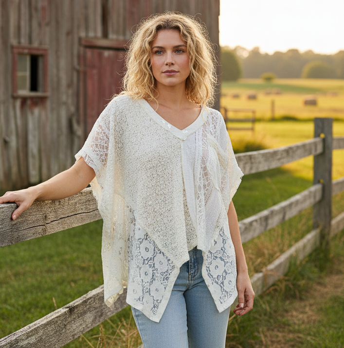 POL Lace Patchwork Asymmetrical Drape Shirt Oversized V-Neck Exposed Seam Top Natural Cream