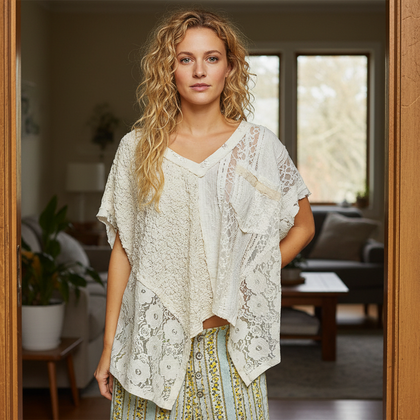 POL Lace Patchwork Asymmetrical Drape Shirt Oversized V-Neck Exposed Seam Top Natural Cream