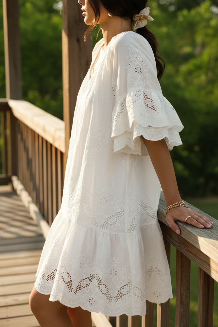 Cotton Eyelet Embroidered Tassel Tie Keyhole Neckline Ruffle Sleeve Mini Dress
