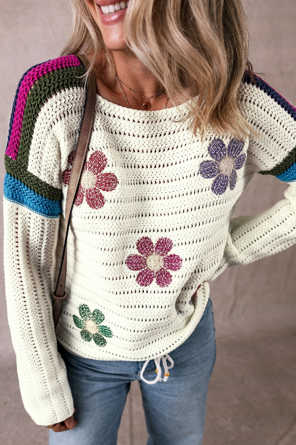 Colorful Crochet Daisy Retro Flower Hippie Long Sleeve Top Drawstring Hem Knit Sweater