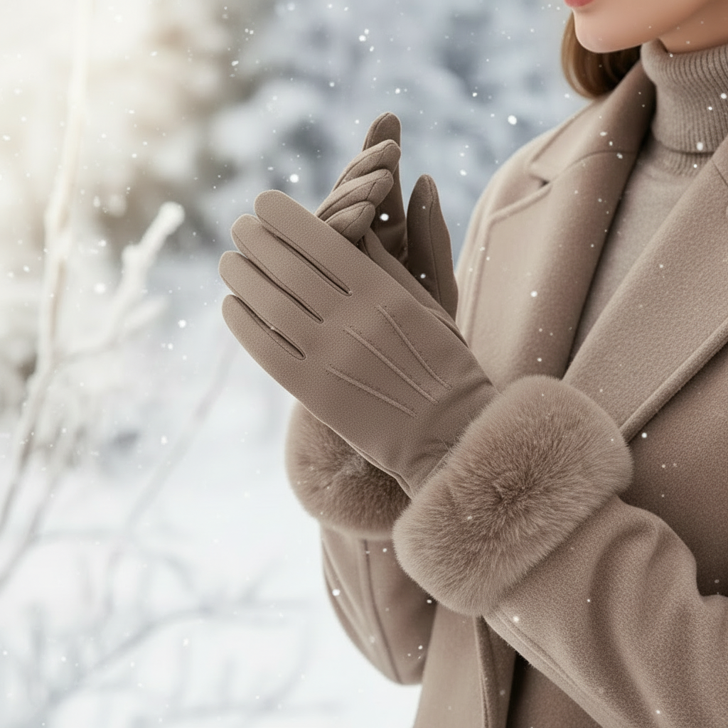 Bow Touch Screen Embroidered Faux Fur Cuff Suede Gloves Winter Accessory