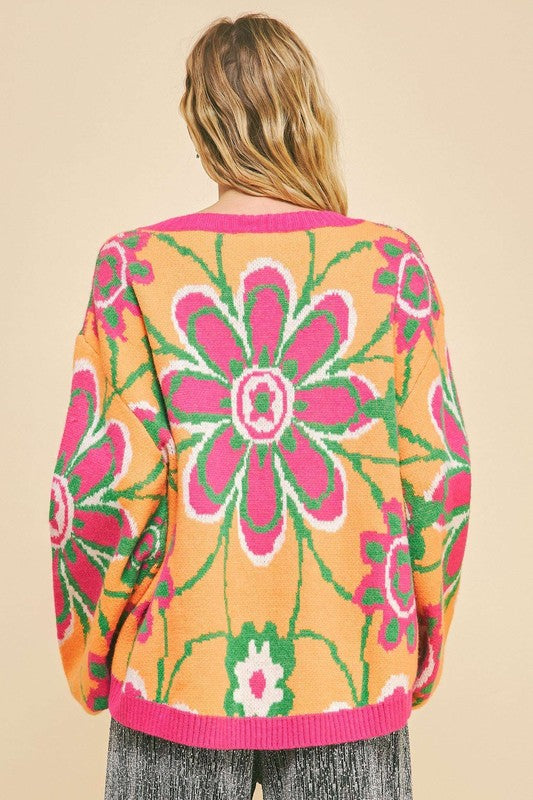 DAVI & DANI Retro Floral Bright Neon Long Sleeve Oversized Pullover Sweater Top