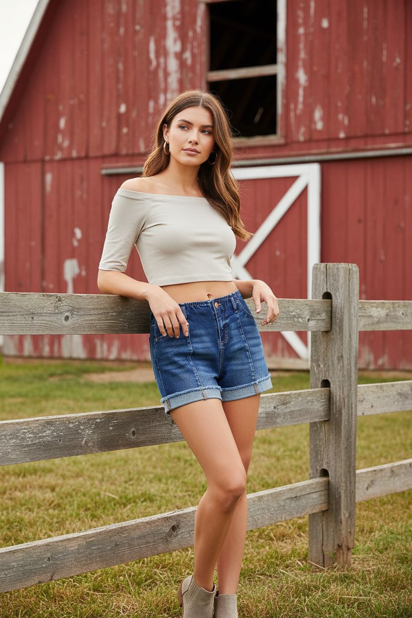 Risen High-Rise Slouchy Denim Raw Cuffed Hem Vertical Seam Jean Shorts