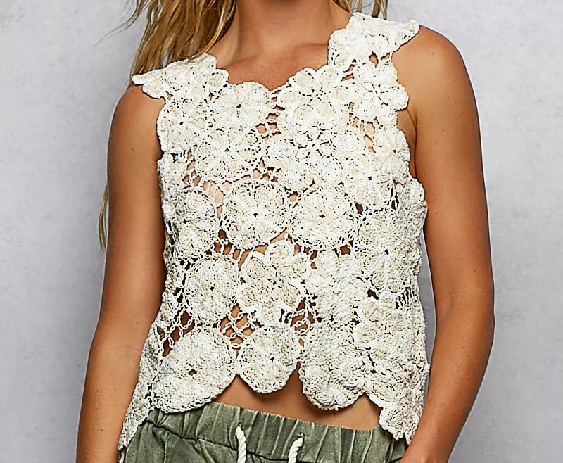 POL Contrasting Floral Crochet Patchwork Sleeveless Crop Top Retro Knit Openwork Off-white