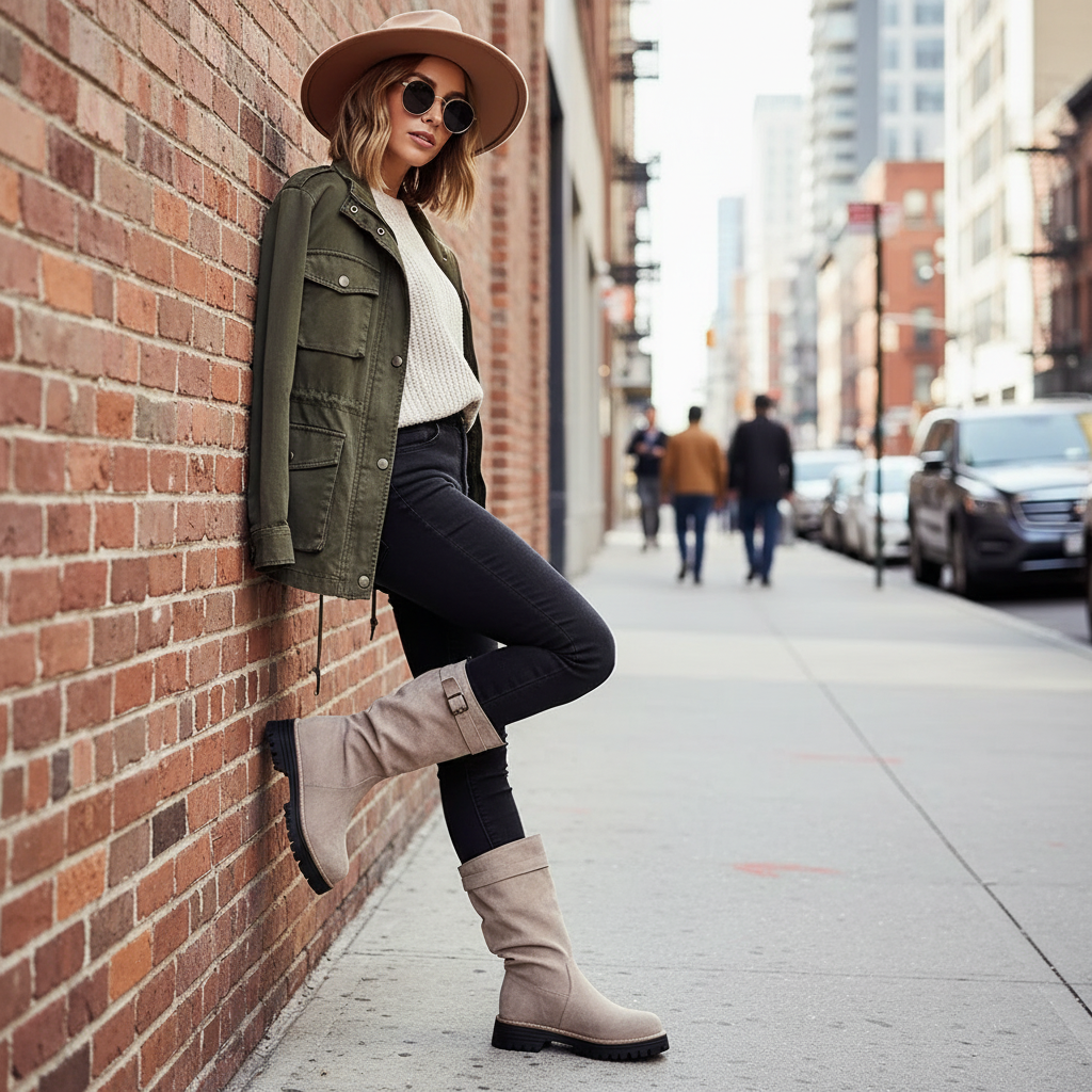 Buckle Wrap Slouch Boots Chunky Lug Block Heel Mid Calf Faux Suede Pull-on Shoes