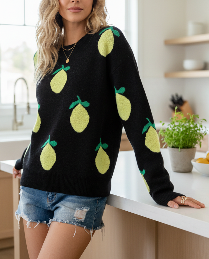 Lemon Intarsia Fruit Knit Crew Neck Long Sleeve Top Ribbed Trim Pullover Sweater