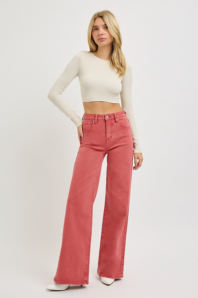 RISEN Tummy Control High-Rise Pants Wide Leg Relaxed Fit Boyfriend Jeans Denim