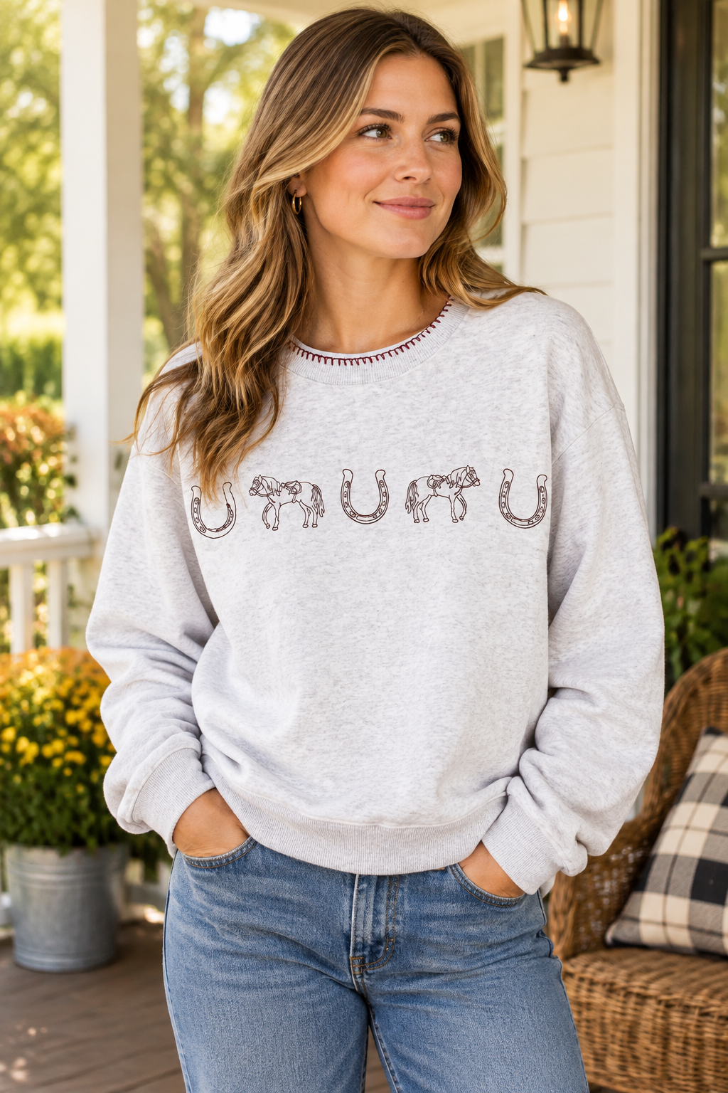 Equestrian Horseshoe Western Cowgirl Sweatshirt Long Sleeve Southern Pullover Top