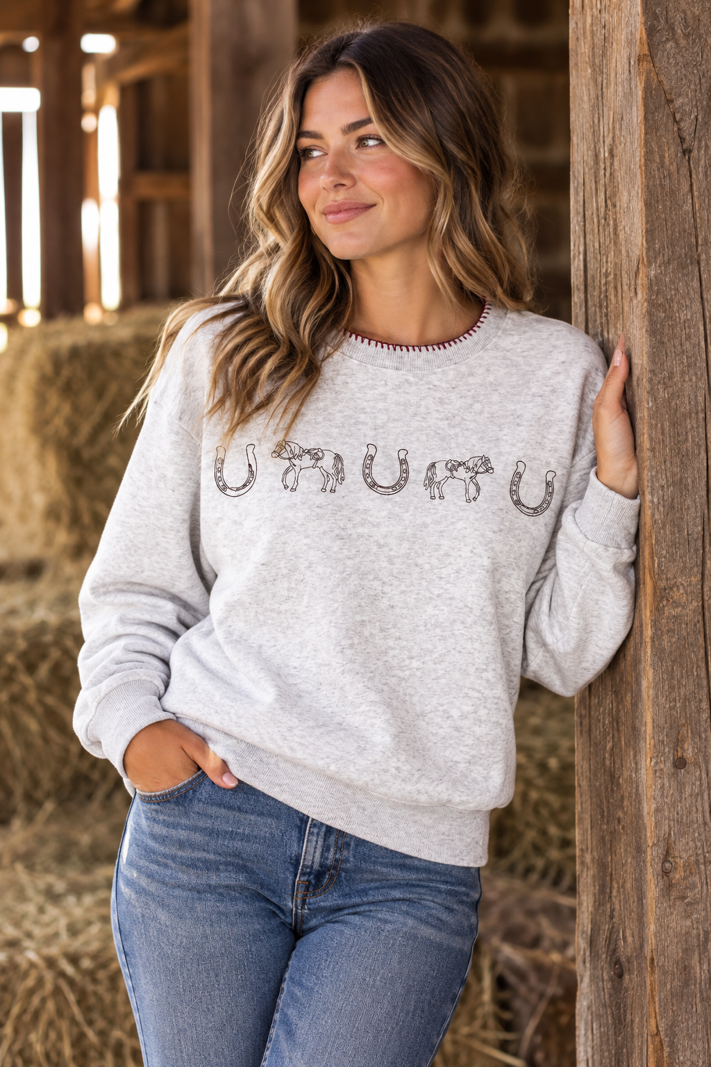 Equestrian Horseshoe Western Cowgirl Sweatshirt Long Sleeve Southern Pullover Top