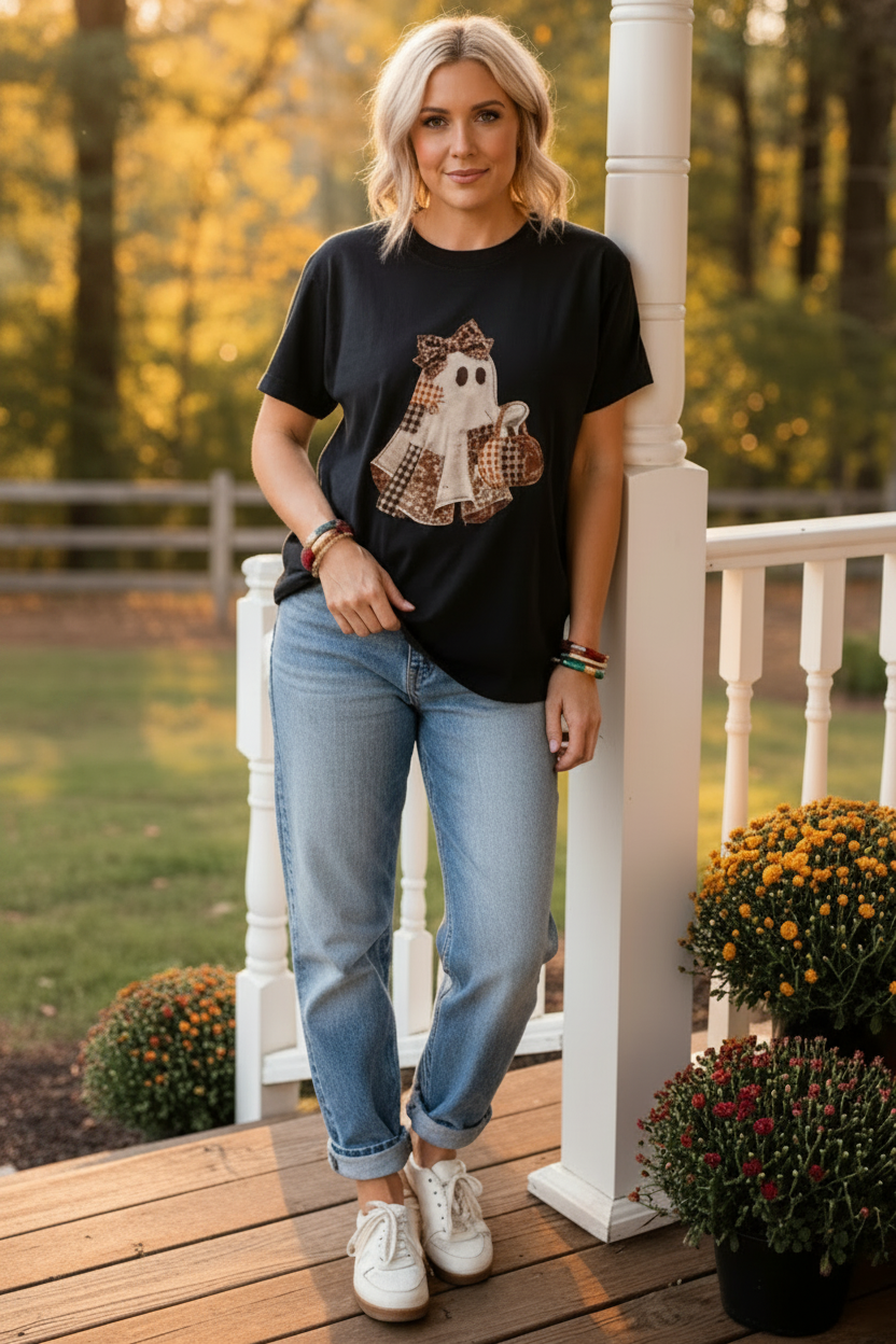 Patchwork Ghost Leopard Bow Pumpkin Patch Short Sleeve Top Halloween T-Shirt