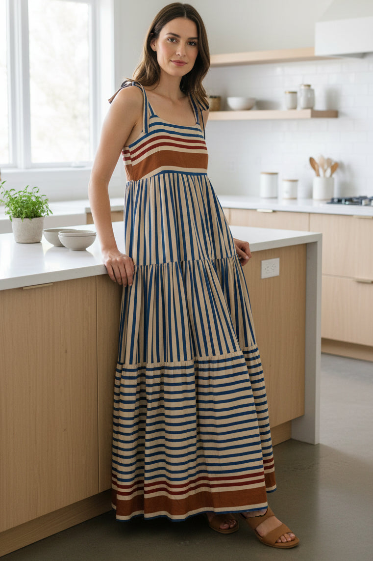 Bow Tie-Shoulder Sleeveless Square Neck Smocked Back Tiered A-line Maxi Dress