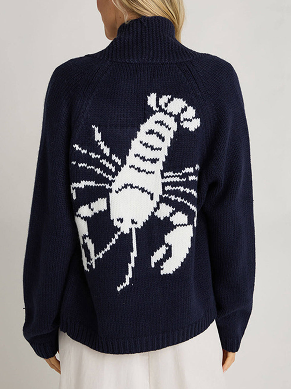 Contrasting Lobster Coastal Print Knit Cardigan Button Long Sleeve Patch Pocket