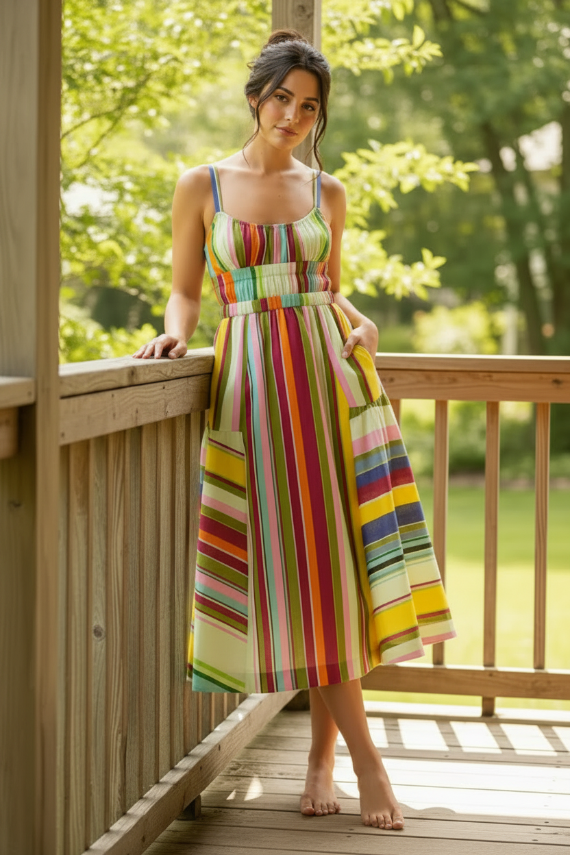 Colorful Stripe Corset Lace-Up Back Side Pocket Spaghetti Strap Scoop Neck Midi Dress