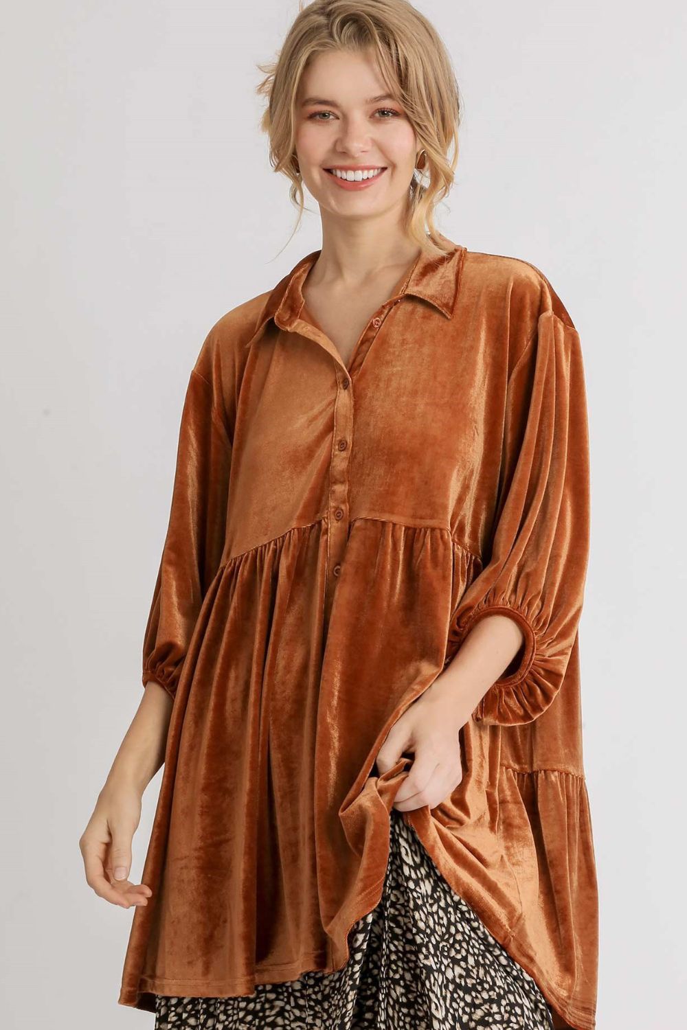 Umgee Velvet Boho Oversized Top Peplum Babydoll Tunic Shirt Velour Tiered Blouse