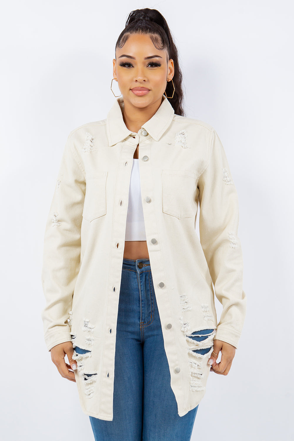 American Bazi Torn Distressed Hole Oversized Shacket Cotton Denim Jean Jacket Bone Ivory