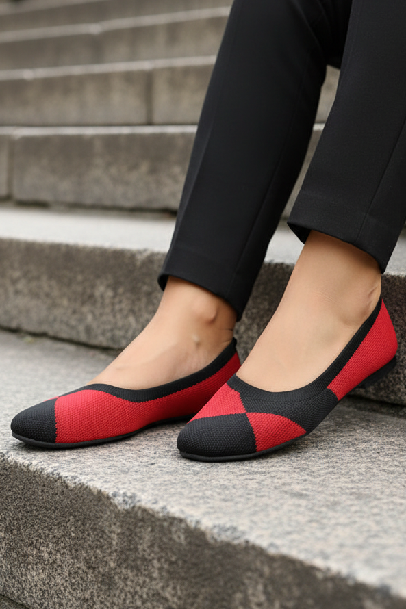Two-Tone Geometric Knit Square Toe Ballet Flats Slip-On Shoes Contrasting Artsy Swirl
