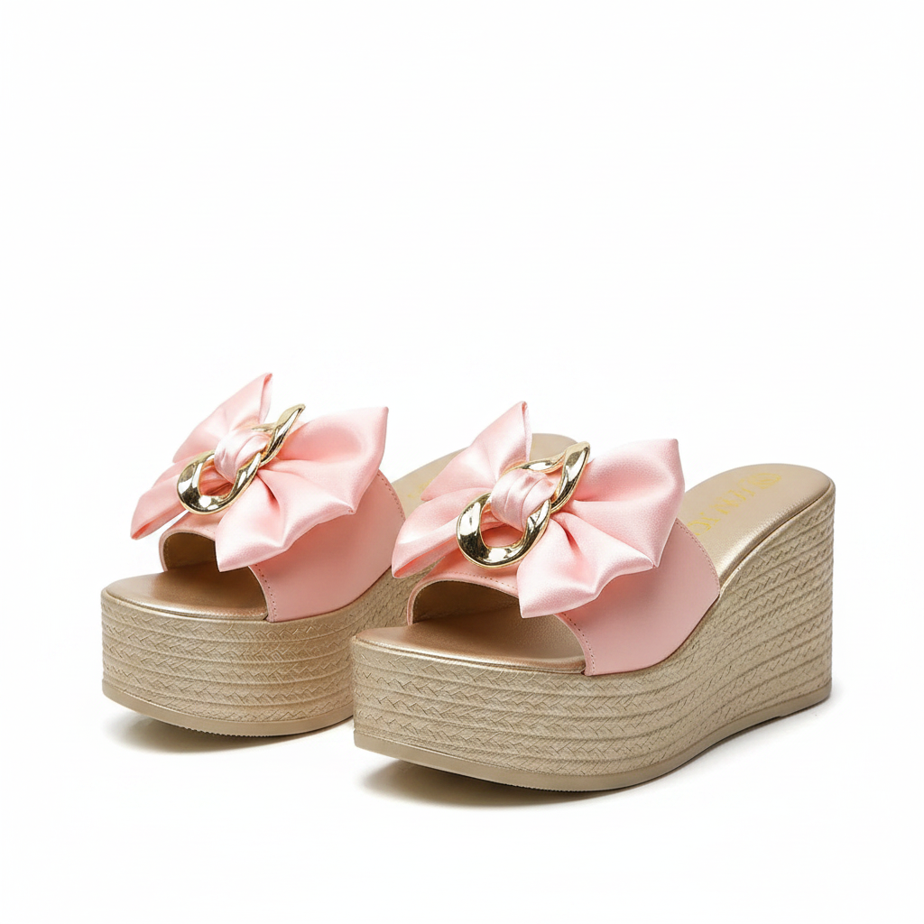 Gold Chain Oversized Bow Platform Open Toe Shoes Slip On Coquette Sandals