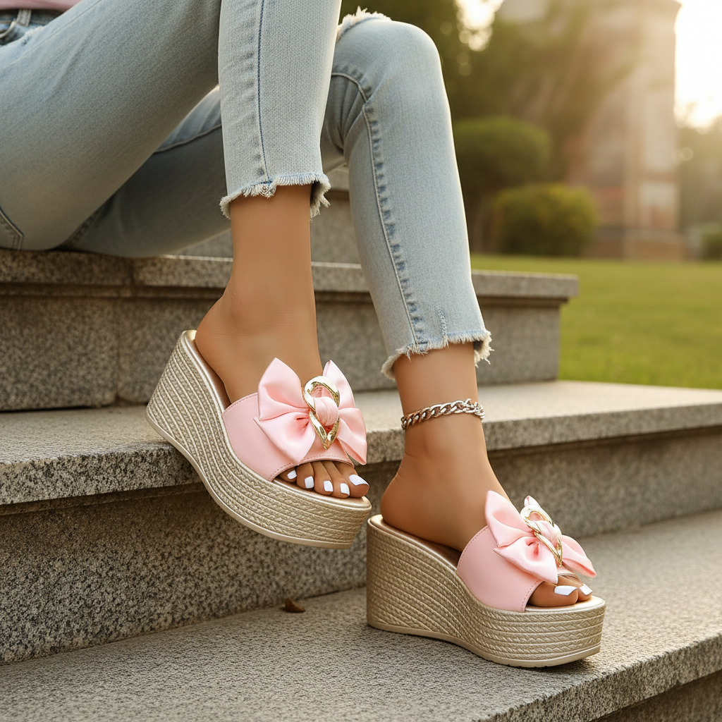 Gold Chain Oversized Bow Platform Open Toe Shoes Slip On Coquette Sandals