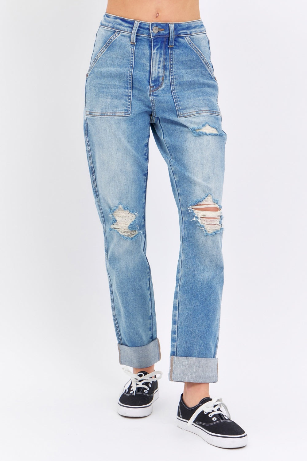 Judy Blue Distressed High-Rise Retro 90s Mom Jeans Torn Straight Leg Cuffed Denim Pants