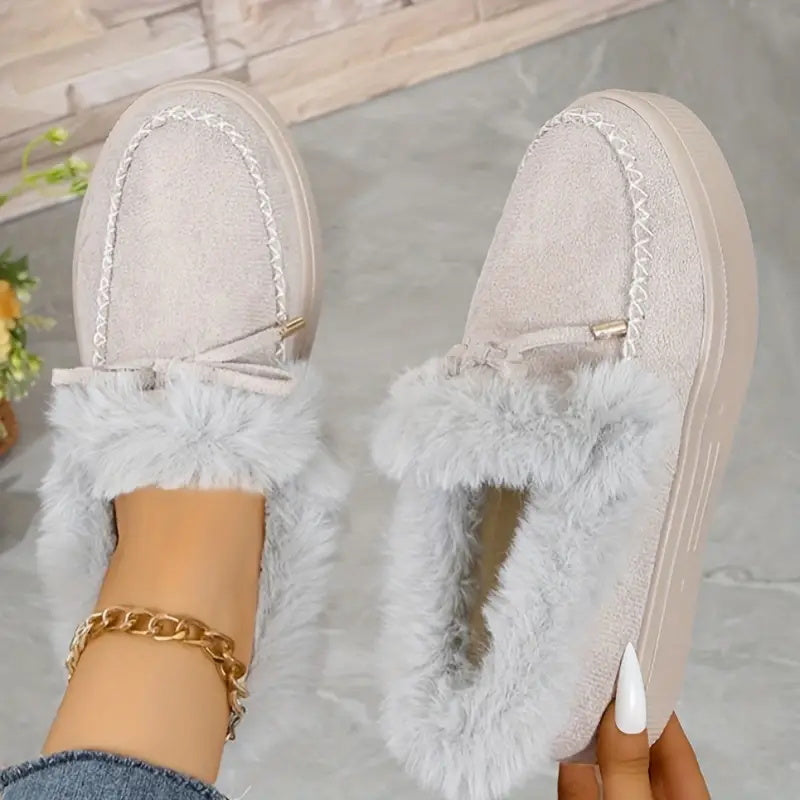 Bow Top Plush Faux Fur Loafers Slip-On Moccasin Soft Flat Outdoor House Shoes