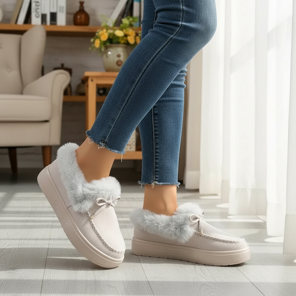 Bow Top Plush Faux Fur Loafers Slip-On Moccasin Soft Flat Outdoor House Shoes