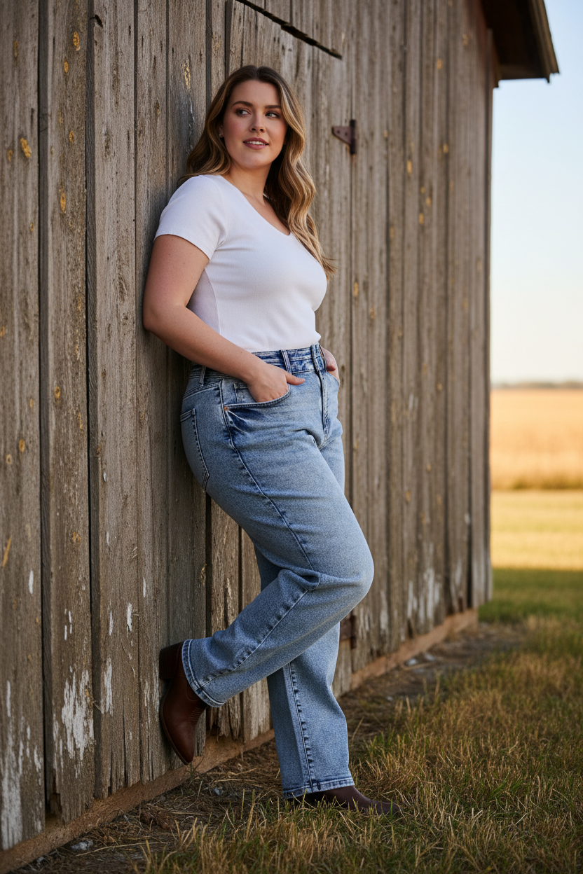 Judy Blue High-Rise Double Waistband Button Arc Barrel Leg Horseshoe Denim Jeans Plus Size Available