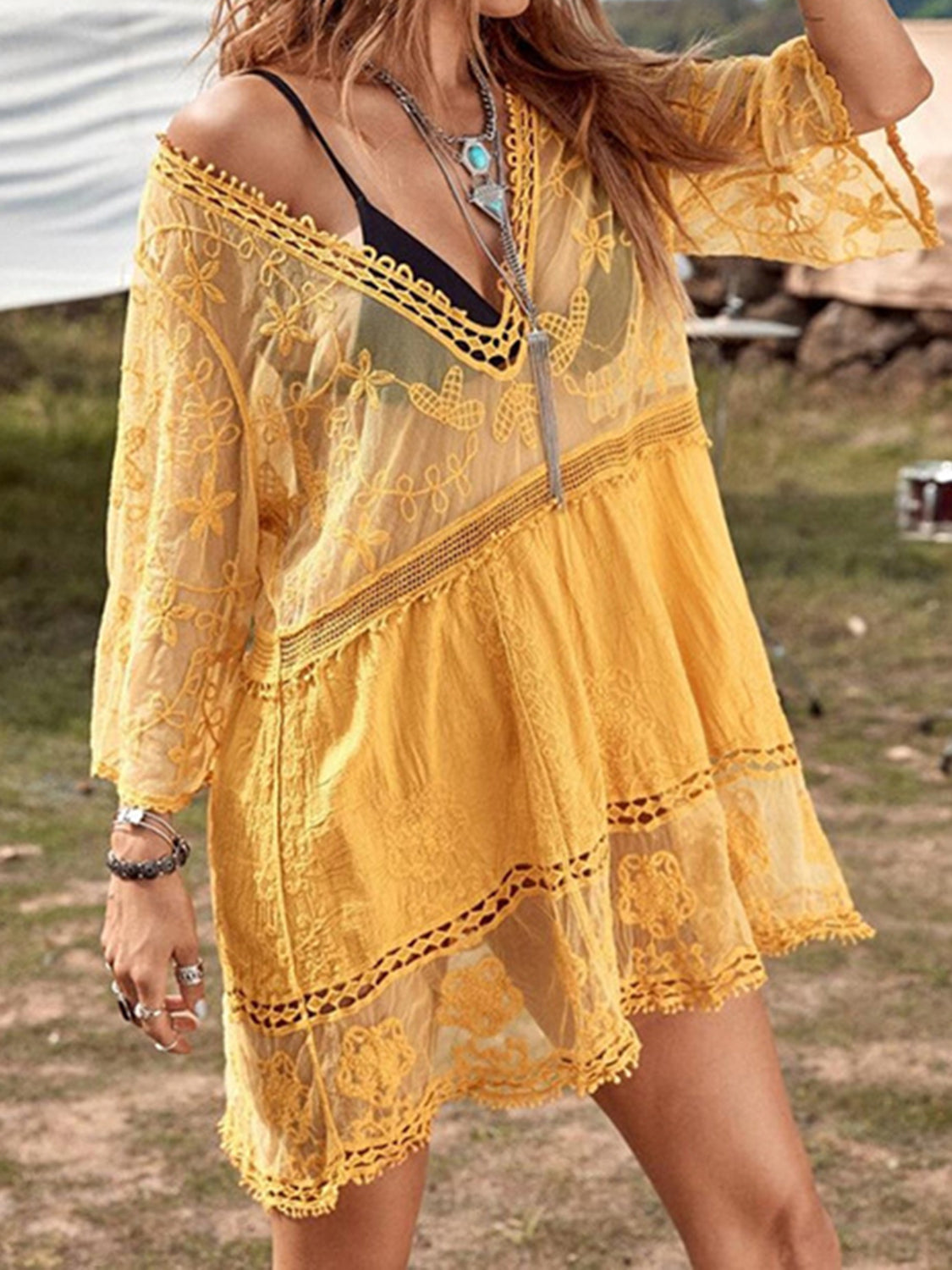 Lace Bohemian Oversized Swim Coverup Mini Dress Half-Sleeve Swimwear Cover