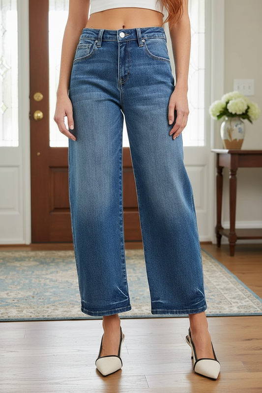 Risen High-Rise Baggy Relaxed Fit Tapered Leg Barrel Jeans Cropped Ankle Denim Pants