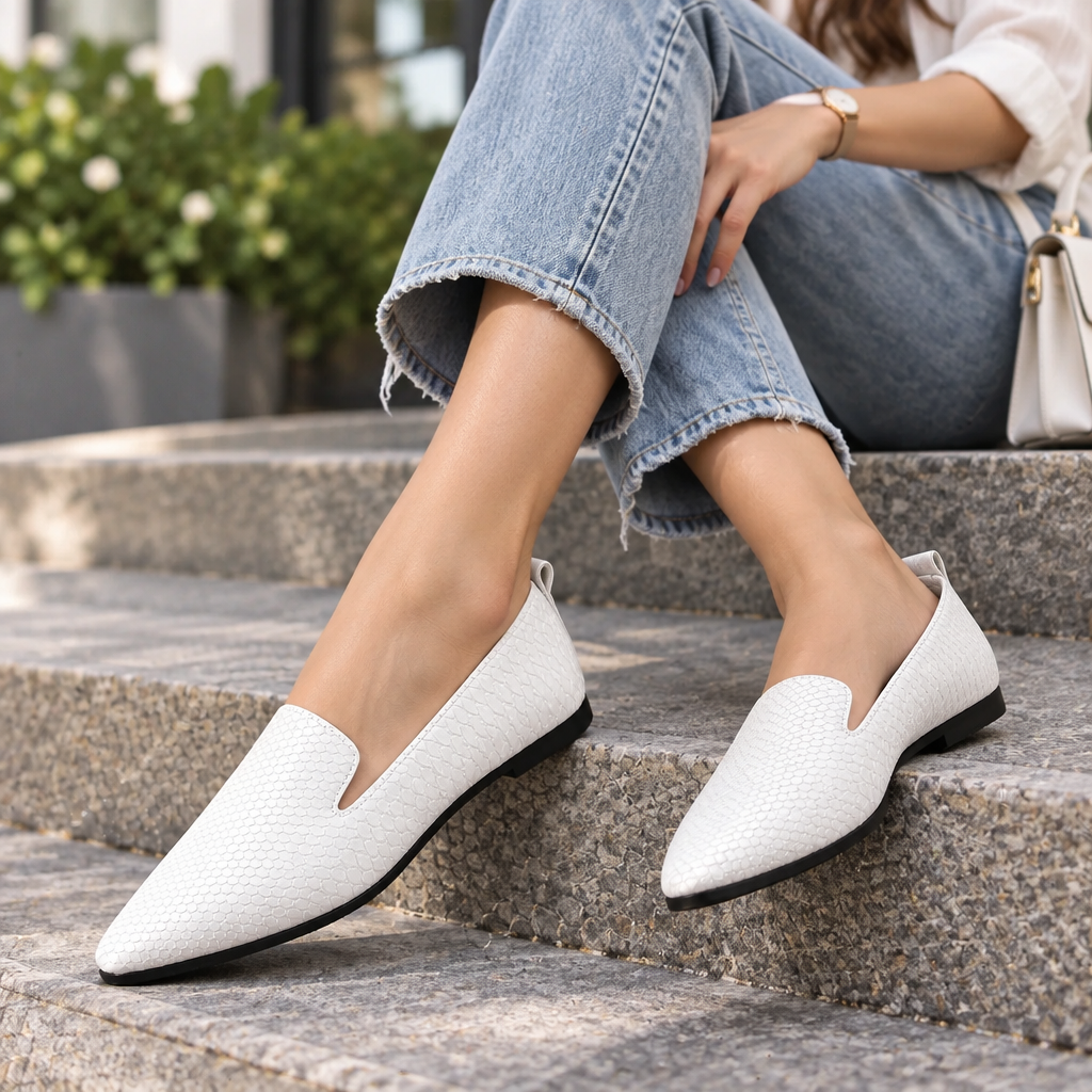 Snake Embossed Faux Leather Pointed Toe Notched Loafer Flats Slip-On Shoes