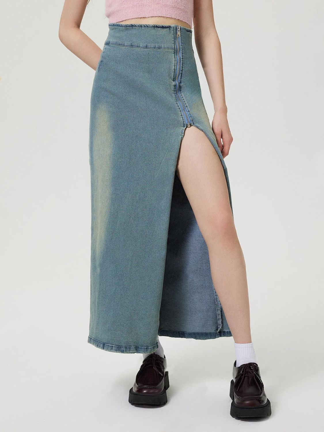 Zipper High-Rise Asymmetrical Cutout Slit Bent Seam Denim Retro Jean Midi Skirt