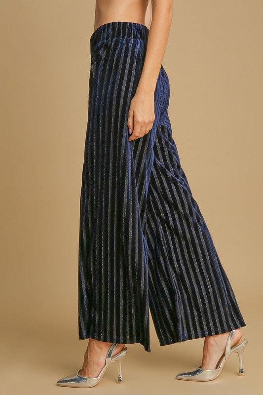 Umgee Velvet High-Rise Retro Pants Wide Leg Boho 70s Metallic Stripe Elastic Waist