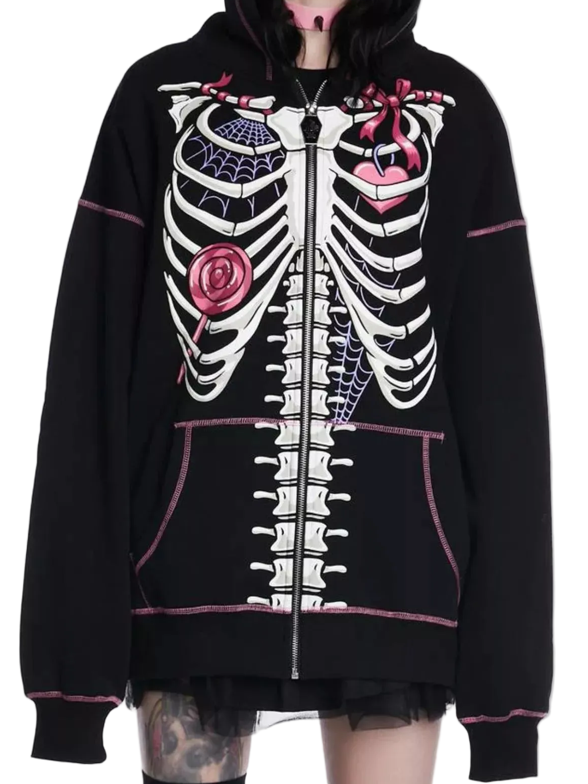 Oversized Skull Skeleton Zip-Up Contrast Stitching Hoodie Front Pocket Jacket