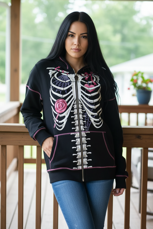Oversized Skull Skeleton Zip-Up Contrast Stitching Hoodie Front Pocket Jacket