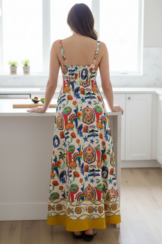 Tropical Palm Paradise Square Neck Smocked Back Side Pocket Maxi Dress