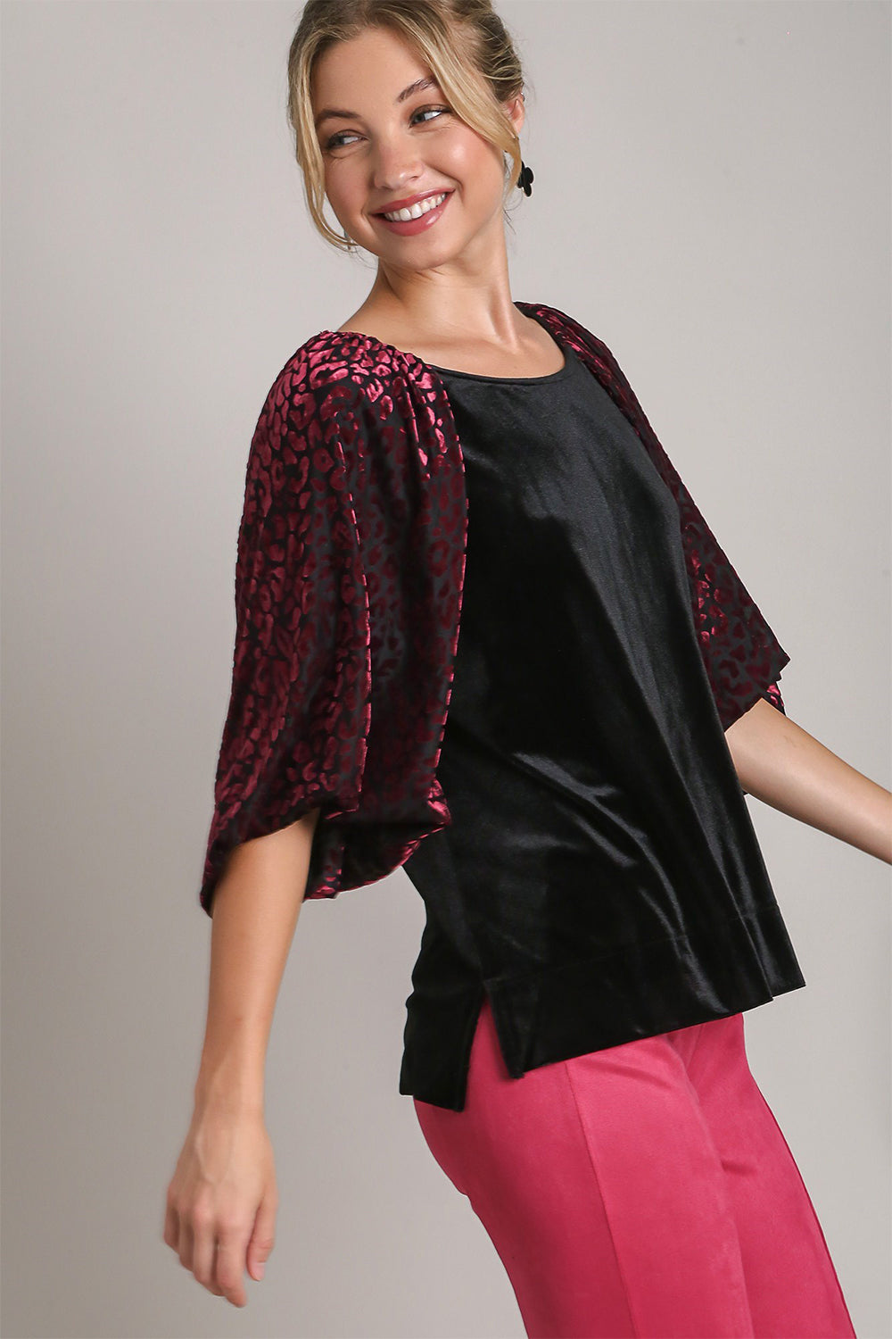 Umgee Leopard Velvet Sheer Balloon Half Sleeve Shirt Split Side Top High-Low Blouse