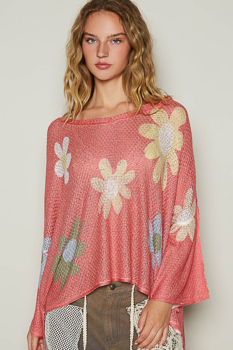 POL Daisy Retro Color Contrast Flower Top Oversized Shirt Pullover Knit Sweater