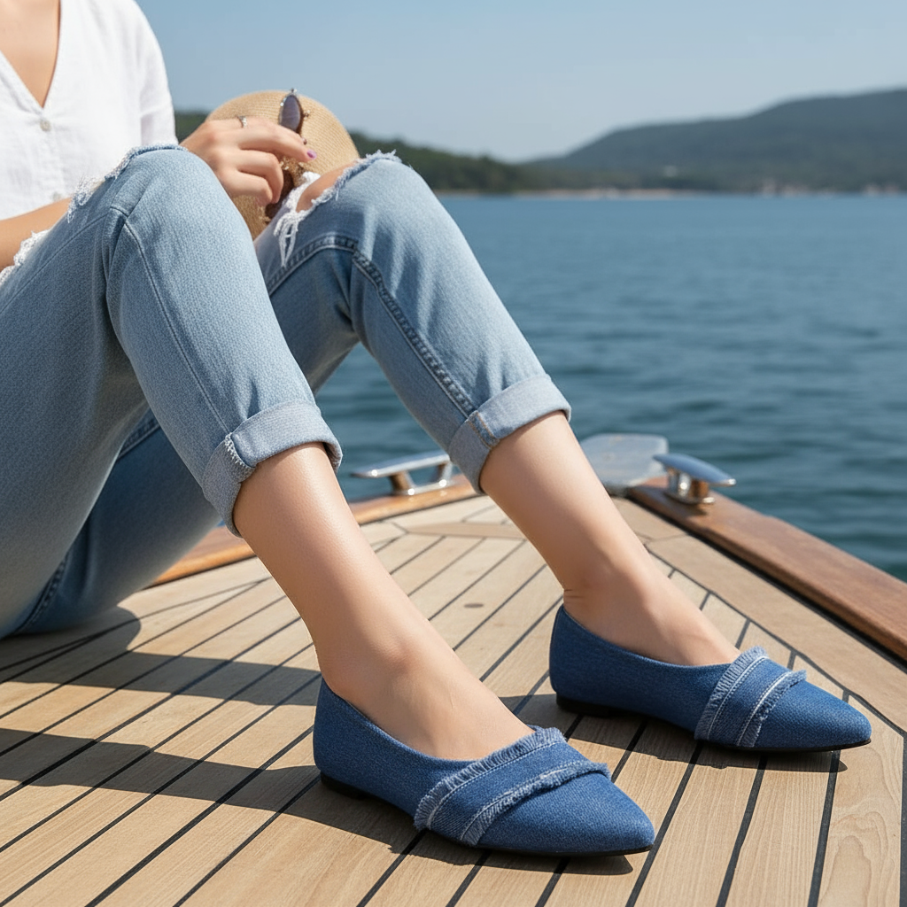 Denim Fringe Pointed Toe Flats Slip-On Artsy Shoes Retro 80s Vintage-inspired